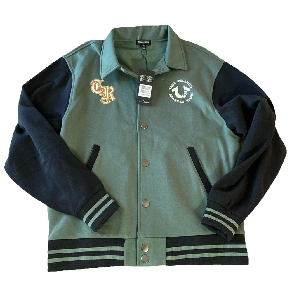 True‎ Religion Collared Fleece Varsity Jacket Men’s L New Green Black Patch Logo - Picture 2 of 7